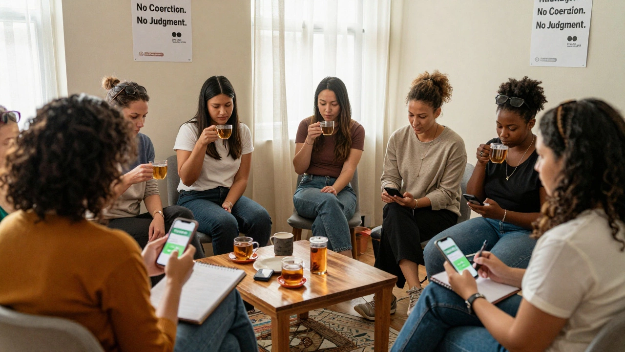 A group of sex workers sharing safety tips and stories in a warm, supportive community space.