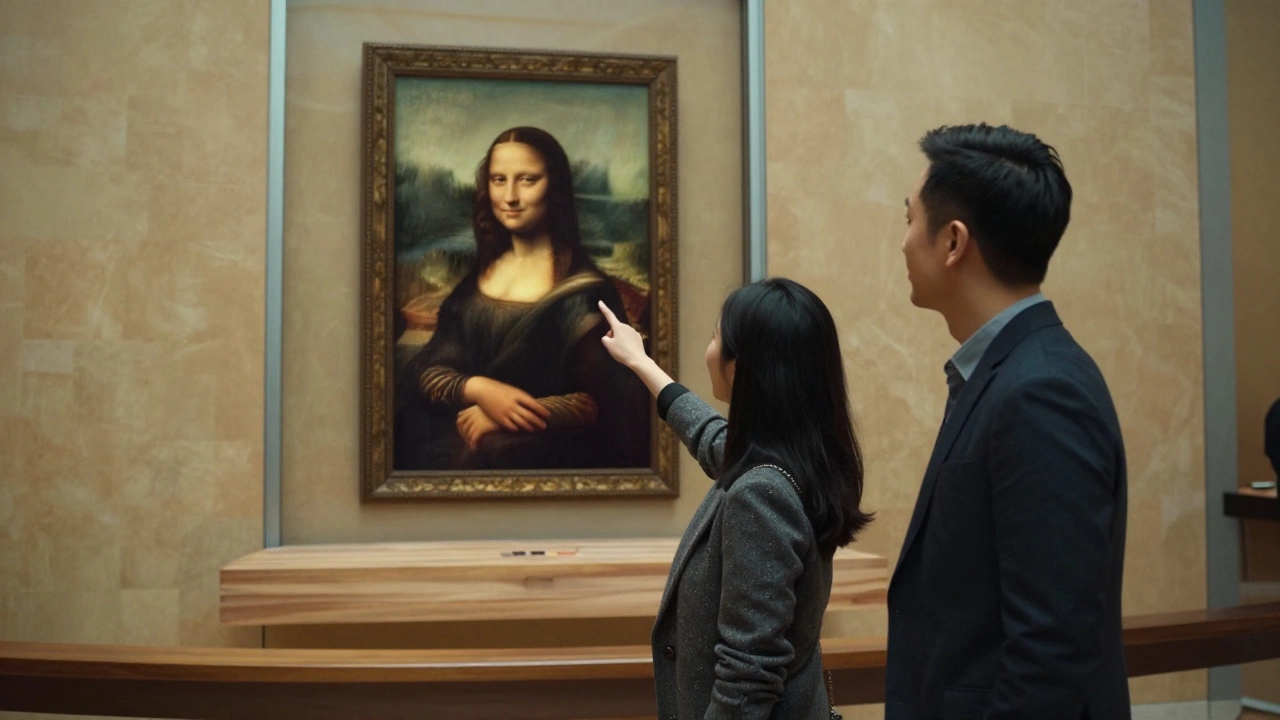 A visitor and companion view the Mona Lisa in the empty Louvre, engaged in thoughtful conversation.