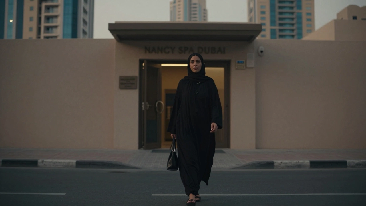 A woman walking confidently past the unmarked entrance of Nancy Spa Dubai at dusk, embodying quiet dignity.