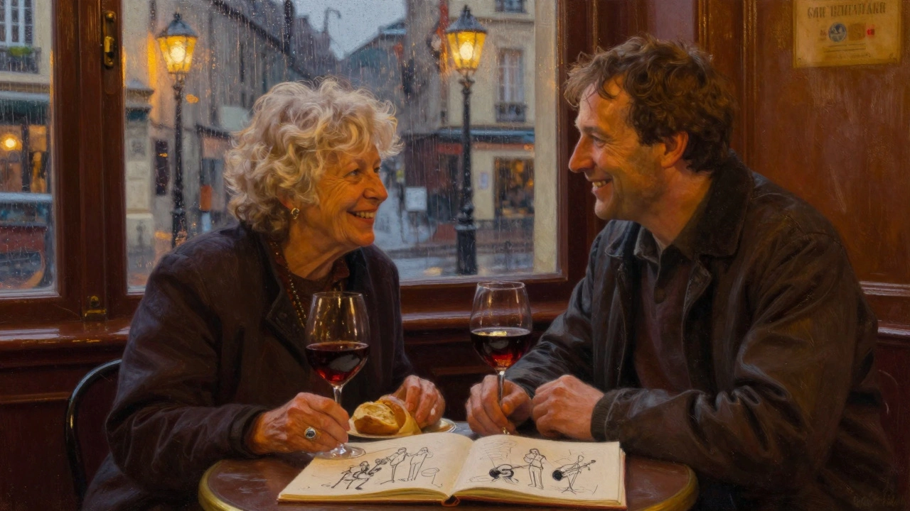 An elderly woman and her companion laugh over wine in a quiet Montmartre bistro at twilight.